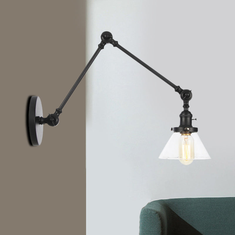 1 Light Wall Lamp Industrial Conical Clear/Amber Glass Sconce in Black/Bronze/Brass with Adjustable Arm, 8“+8"/8"+8"+8" Long Clearhalo 'Art deco wall lights' 'Cast Iron' 'Glass' 'Industrial wall lights' 'Industrial' 'Middle century wall lights' 'Modern' 'Rustic wall lights' 'Tiffany' 'Traditional wall lights' 'Wall Lamps & Sconces' 'Wall Lights' Lighting' 521910