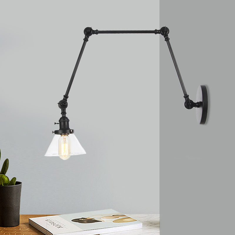 1 Light Wall Lamp Industrial Conical Clear/Amber Glass Sconce in Black/Bronze/Brass with Adjustable Arm, 8“+8"/8"+8"+8" Long Clearhalo 'Art deco wall lights' 'Cast Iron' 'Glass' 'Industrial wall lights' 'Industrial' 'Middle century wall lights' 'Modern' 'Rustic wall lights' 'Tiffany' 'Traditional wall lights' 'Wall Lamps & Sconces' 'Wall Lights' Lighting' 521913