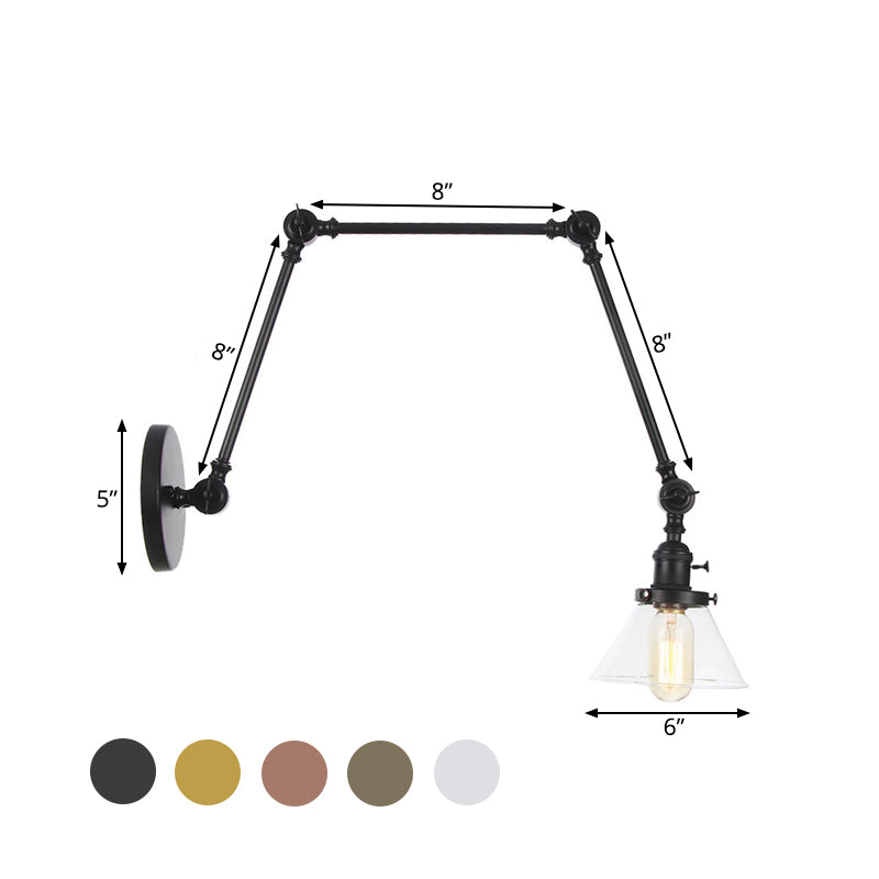 1 Light Wall Lamp Industrial Conical Clear/Amber Glass Sconce in Black/Bronze/Brass with Adjustable Arm, 8“+8"/8"+8"+8" Long Clearhalo 'Art deco wall lights' 'Cast Iron' 'Glass' 'Industrial wall lights' 'Industrial' 'Middle century wall lights' 'Modern' 'Rustic wall lights' 'Tiffany' 'Traditional wall lights' 'Wall Lamps & Sconces' 'Wall Lights' Lighting' 521914