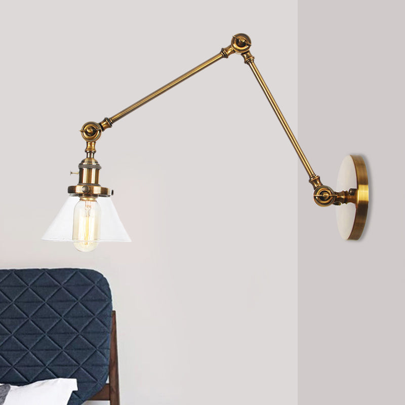 1 Light Wall Lamp Industrial Conical Clear/Amber Glass Sconce in Black/Bronze/Brass with Adjustable Arm, 8“+8"/8"+8"+8" Long Brass Clear 8"+8" Clearhalo 'Art deco wall lights' 'Cast Iron' 'Glass' 'Industrial wall lights' 'Industrial' 'Middle century wall lights' 'Modern' 'Rustic wall lights' 'Tiffany' 'Traditional wall lights' 'Wall Lamps & Sconces' 'Wall Lights' Lighting' 521920