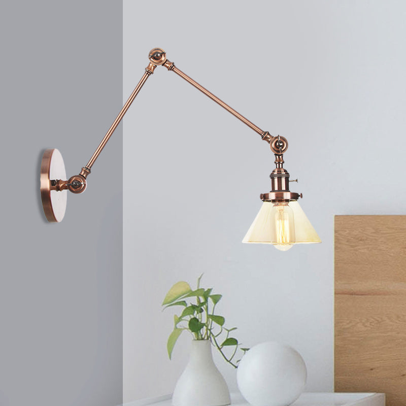 1 Light Wall Lamp Industrial Conical Clear/Amber Glass Sconce in Black/Bronze/Brass with Adjustable Arm, 8“+8"/8"+8"+8" Long Copper Amber 8"+8" Clearhalo 'Art deco wall lights' 'Cast Iron' 'Glass' 'Industrial wall lights' 'Industrial' 'Middle century wall lights' 'Modern' 'Rustic wall lights' 'Tiffany' 'Traditional wall lights' 'Wall Lamps & Sconces' 'Wall Lights' Lighting' 521923