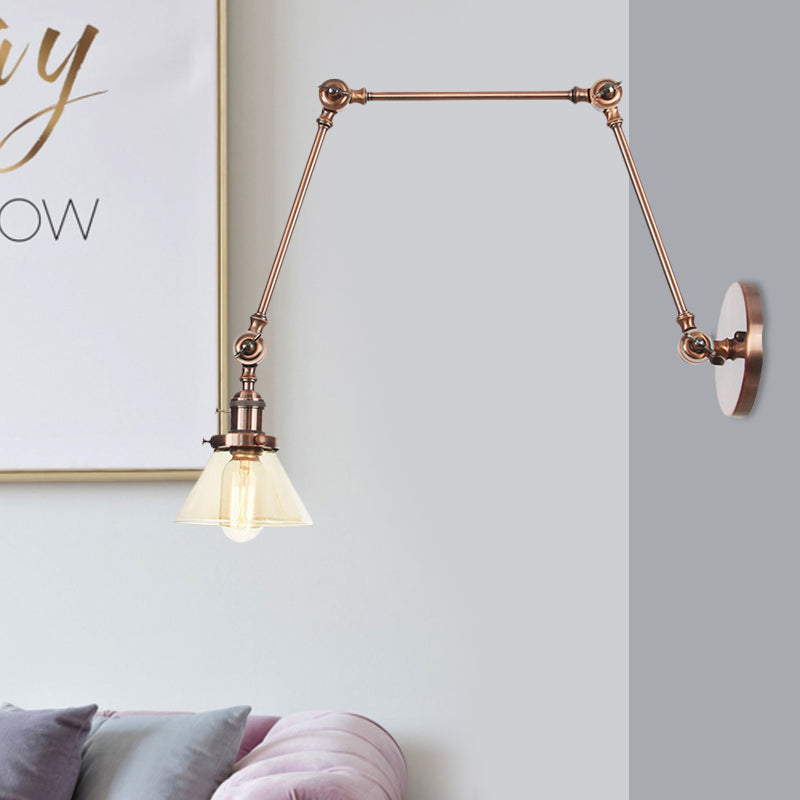 1 Light Wall Lamp Industrial Conical Clear/Amber Glass Sconce in Black/Bronze/Brass with Adjustable Arm, 8“+8"/8"+8"+8" Long Copper Amber 8"+8"+8" Clearhalo 'Art deco wall lights' 'Cast Iron' 'Glass' 'Industrial wall lights' 'Industrial' 'Middle century wall lights' 'Modern' 'Rustic wall lights' 'Tiffany' 'Traditional wall lights' 'Wall Lamps & Sconces' 'Wall Lights' Lighting' 521925