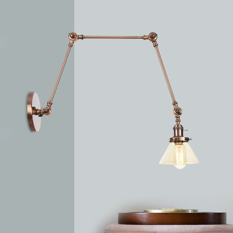 1 Light Wall Lamp Industrial Conical Clear/Amber Glass Sconce in Black/Bronze/Brass with Adjustable Arm, 8“+8"/8"+8"+8" Long Clearhalo 'Art deco wall lights' 'Cast Iron' 'Glass' 'Industrial wall lights' 'Industrial' 'Middle century wall lights' 'Modern' 'Rustic wall lights' 'Tiffany' 'Traditional wall lights' 'Wall Lamps & Sconces' 'Wall Lights' Lighting' 521926