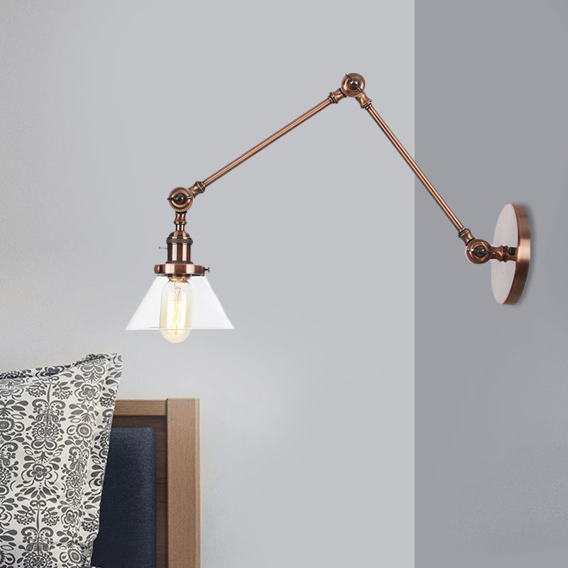 1 Light Wall Lamp Industrial Conical Clear/Amber Glass Sconce in Black/Bronze/Brass with Adjustable Arm, 8“+8"/8"+8"+8" Long Clearhalo 'Art deco wall lights' 'Cast Iron' 'Glass' 'Industrial wall lights' 'Industrial' 'Middle century wall lights' 'Modern' 'Rustic wall lights' 'Tiffany' 'Traditional wall lights' 'Wall Lamps & Sconces' 'Wall Lights' Lighting' 521928