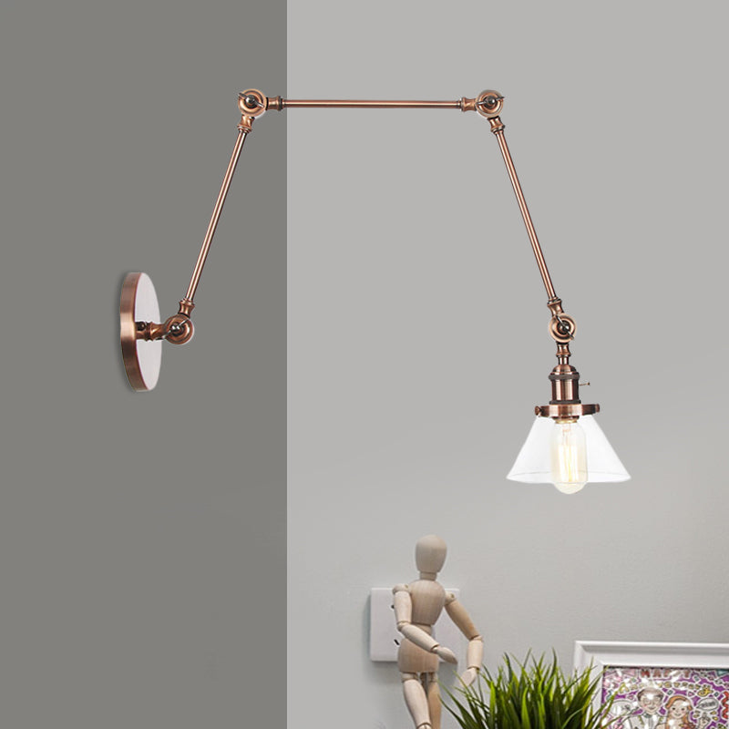 1 Light Wall Lamp Industrial Conical Clear/Amber Glass Sconce in Black/Bronze/Brass with Adjustable Arm, 8“+8"/8"+8"+8" Long Copper Clear 8"+8"+8" Clearhalo 'Art deco wall lights' 'Cast Iron' 'Glass' 'Industrial wall lights' 'Industrial' 'Middle century wall lights' 'Modern' 'Rustic wall lights' 'Tiffany' 'Traditional wall lights' 'Wall Lamps & Sconces' 'Wall Lights' Lighting' 521929