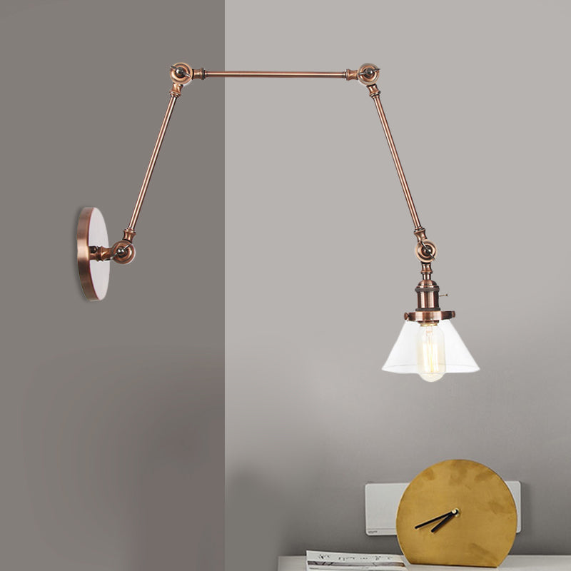 1 Light Wall Lamp Industrial Conical Clear/Amber Glass Sconce in Black/Bronze/Brass with Adjustable Arm, 8“+8"/8"+8"+8" Long Clearhalo 'Art deco wall lights' 'Cast Iron' 'Glass' 'Industrial wall lights' 'Industrial' 'Middle century wall lights' 'Modern' 'Rustic wall lights' 'Tiffany' 'Traditional wall lights' 'Wall Lamps & Sconces' 'Wall Lights' Lighting' 521930