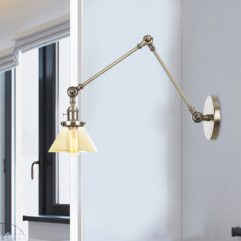 1 Light Wall Lamp Industrial Conical Clear/Amber Glass Sconce in Black/Bronze/Brass with Adjustable Arm, 8“+8"/8"+8"+8" Long Bronze Amber 8"+8" Clearhalo 'Art deco wall lights' 'Cast Iron' 'Glass' 'Industrial wall lights' 'Industrial' 'Middle century wall lights' 'Modern' 'Rustic wall lights' 'Tiffany' 'Traditional wall lights' 'Wall Lamps & Sconces' 'Wall Lights' Lighting' 521931