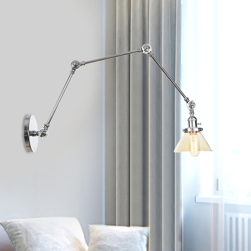 1 Light Wall Lamp Industrial Conical Clear/Amber Glass Sconce in Black/Bronze/Brass with Adjustable Arm, 8“+8"/8"+8"+8" Long Chrome Amber 8"+8"+8" Clearhalo 'Art deco wall lights' 'Cast Iron' 'Glass' 'Industrial wall lights' 'Industrial' 'Middle century wall lights' 'Modern' 'Rustic wall lights' 'Tiffany' 'Traditional wall lights' 'Wall Lamps & Sconces' 'Wall Lights' Lighting' 521941
