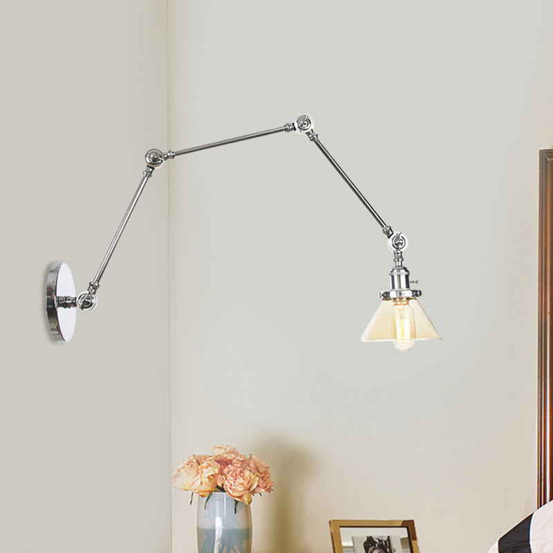 1 Light Wall Lamp Industrial Conical Clear/Amber Glass Sconce in Black/Bronze/Brass with Adjustable Arm, 8“+8"/8"+8"+8" Long Clearhalo 'Art deco wall lights' 'Cast Iron' 'Glass' 'Industrial wall lights' 'Industrial' 'Middle century wall lights' 'Modern' 'Rustic wall lights' 'Tiffany' 'Traditional wall lights' 'Wall Lamps & Sconces' 'Wall Lights' Lighting' 521942