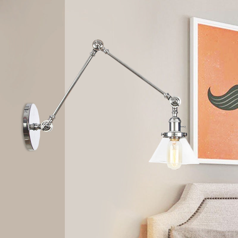 1 Light Wall Lamp Industrial Conical Clear/Amber Glass Sconce in Black/Bronze/Brass with Adjustable Arm, 8“+8"/8"+8"+8" Long Chrome Clear 8"+8" Clearhalo 'Art deco wall lights' 'Cast Iron' 'Glass' 'Industrial wall lights' 'Industrial' 'Middle century wall lights' 'Modern' 'Rustic wall lights' 'Tiffany' 'Traditional wall lights' 'Wall Lamps & Sconces' 'Wall Lights' Lighting' 521943
