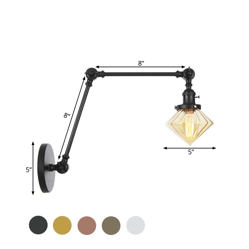 1 Light Dining Room Sconce Light Vintage Black/Bronze/Brass Wall Mounted Lamp with Diamond Clear/Amber Glass Shade, 8"+8"/8"+8"+8" L Adjustable Arm Clearhalo 'Art deco wall lights' 'Cast Iron' 'Glass' 'Industrial wall lights' 'Industrial' 'Middle century wall lights' 'Modern' 'Rustic wall lights' 'Tiffany' 'Traditional wall lights' 'Wall Lamps & Sconces' 'Wall Lights' Lighting' 522327