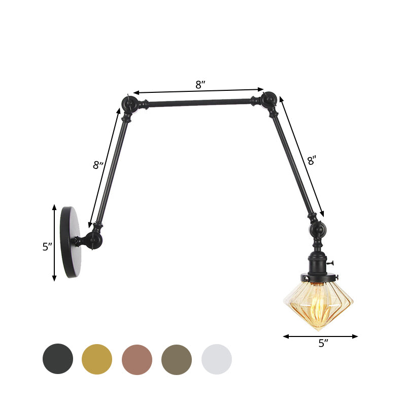 1 Light Dining Room Sconce Light Vintage Black/Bronze/Brass Wall Mounted Lamp with Diamond Clear/Amber Glass Shade, 8"+8"/8"+8"+8" L Adjustable Arm Clearhalo 'Art deco wall lights' 'Cast Iron' 'Glass' 'Industrial wall lights' 'Industrial' 'Middle century wall lights' 'Modern' 'Rustic wall lights' 'Tiffany' 'Traditional wall lights' 'Wall Lamps & Sconces' 'Wall Lights' Lighting' 522333