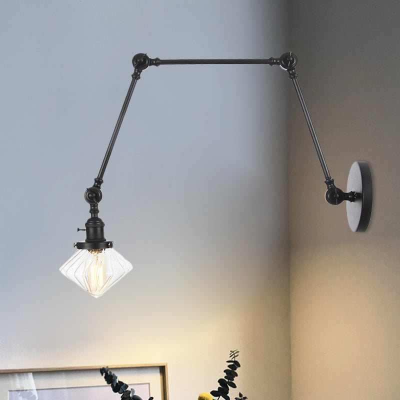 1 Light Dining Room Sconce Light Vintage Black/Bronze/Brass Wall Mounted Lamp with Diamond Clear/Amber Glass Shade, 8"+8"/8"+8"+8" L Adjustable Arm Black Clear 8"+8"+8" Clearhalo 'Art deco wall lights' 'Cast Iron' 'Glass' 'Industrial wall lights' 'Industrial' 'Middle century wall lights' 'Modern' 'Rustic wall lights' 'Tiffany' 'Traditional wall lights' 'Wall Lamps & Sconces' 'Wall Lights' Lighting' 522334