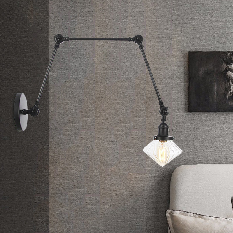 1 Light Dining Room Sconce Light Vintage Black/Bronze/Brass Wall Mounted Lamp with Diamond Clear/Amber Glass Shade, 8"+8"/8"+8"+8" L Adjustable Arm Clearhalo 'Art deco wall lights' 'Cast Iron' 'Glass' 'Industrial wall lights' 'Industrial' 'Middle century wall lights' 'Modern' 'Rustic wall lights' 'Tiffany' 'Traditional wall lights' 'Wall Lamps & Sconces' 'Wall Lights' Lighting' 522335