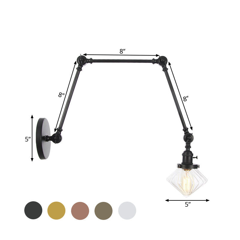 1 Light Dining Room Sconce Light Vintage Black/Bronze/Brass Wall Mounted Lamp with Diamond Clear/Amber Glass Shade, 8"+8"/8"+8"+8" L Adjustable Arm Clearhalo 'Art deco wall lights' 'Cast Iron' 'Glass' 'Industrial wall lights' 'Industrial' 'Middle century wall lights' 'Modern' 'Rustic wall lights' 'Tiffany' 'Traditional wall lights' 'Wall Lamps & Sconces' 'Wall Lights' Lighting' 522336