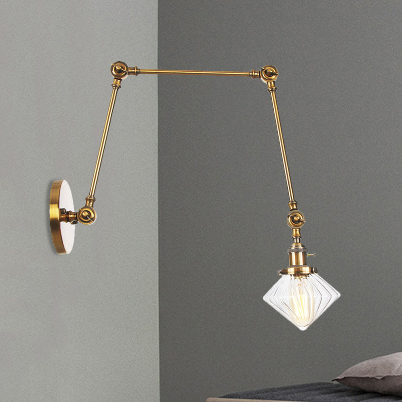 1 Light Dining Room Sconce Light Vintage Black/Bronze/Brass Wall Mounted Lamp with Diamond Clear/Amber Glass Shade, 8"+8"/8"+8"+8" L Adjustable Arm Brass Clear 8"+8"+8" Clearhalo 'Art deco wall lights' 'Cast Iron' 'Glass' 'Industrial wall lights' 'Industrial' 'Middle century wall lights' 'Modern' 'Rustic wall lights' 'Tiffany' 'Traditional wall lights' 'Wall Lamps & Sconces' 'Wall Lights' Lighting' 522343