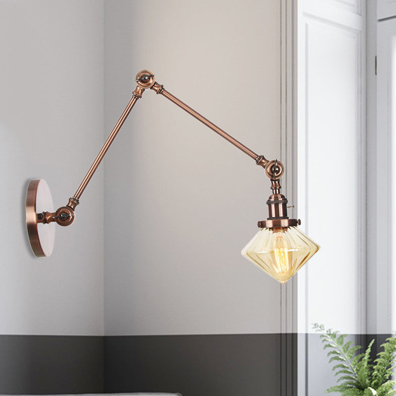 1 Light Dining Room Sconce Light Vintage Black/Bronze/Brass Wall Mounted Lamp with Diamond Clear/Amber Glass Shade, 8"+8"/8"+8"+8" L Adjustable Arm Copper Amber 8"+8" Clearhalo 'Art deco wall lights' 'Cast Iron' 'Glass' 'Industrial wall lights' 'Industrial' 'Middle century wall lights' 'Modern' 'Rustic wall lights' 'Tiffany' 'Traditional wall lights' 'Wall Lamps & Sconces' 'Wall Lights' Lighting' 522345