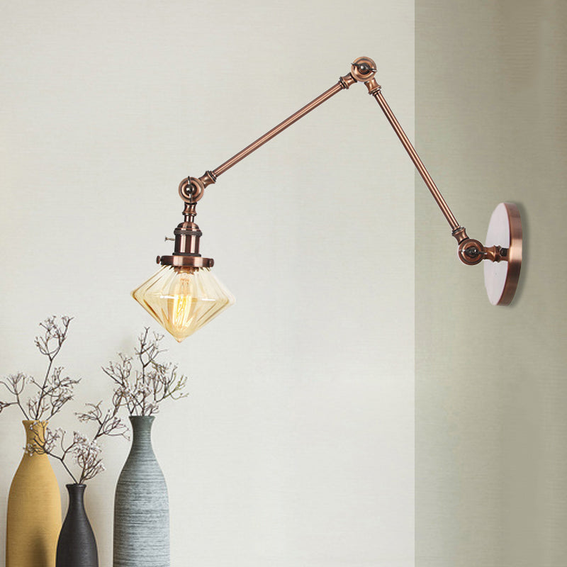 1 Light Dining Room Sconce Light Vintage Black/Bronze/Brass Wall Mounted Lamp with Diamond Clear/Amber Glass Shade, 8"+8"/8"+8"+8" L Adjustable Arm Clearhalo 'Art deco wall lights' 'Cast Iron' 'Glass' 'Industrial wall lights' 'Industrial' 'Middle century wall lights' 'Modern' 'Rustic wall lights' 'Tiffany' 'Traditional wall lights' 'Wall Lamps & Sconces' 'Wall Lights' Lighting' 522346