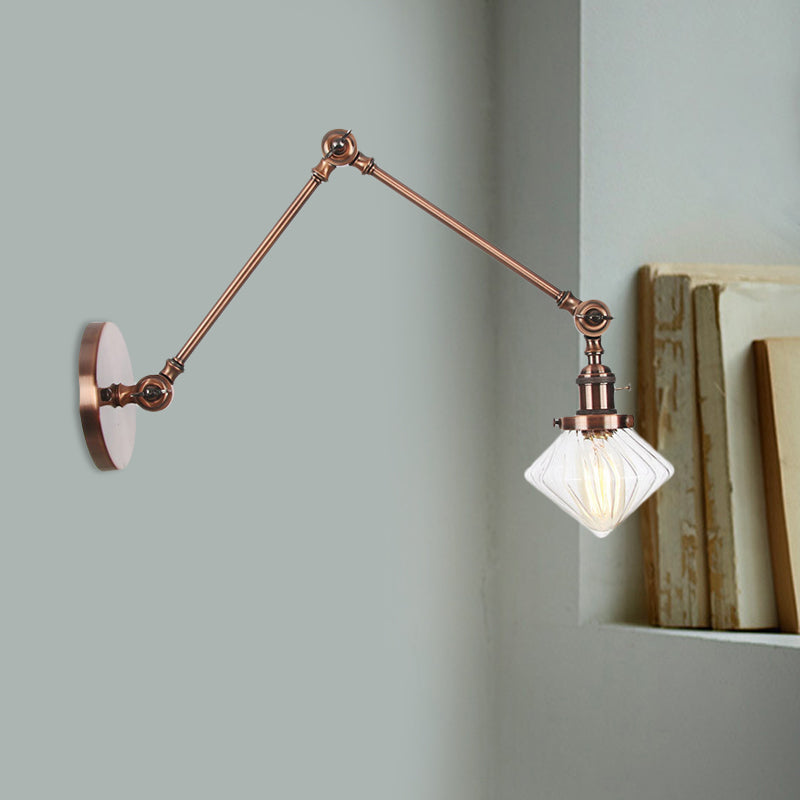 1 Light Dining Room Sconce Light Vintage Black/Bronze/Brass Wall Mounted Lamp with Diamond Clear/Amber Glass Shade, 8"+8"/8"+8"+8" L Adjustable Arm Clearhalo 'Art deco wall lights' 'Cast Iron' 'Glass' 'Industrial wall lights' 'Industrial' 'Middle century wall lights' 'Modern' 'Rustic wall lights' 'Tiffany' 'Traditional wall lights' 'Wall Lamps & Sconces' 'Wall Lights' Lighting' 522348