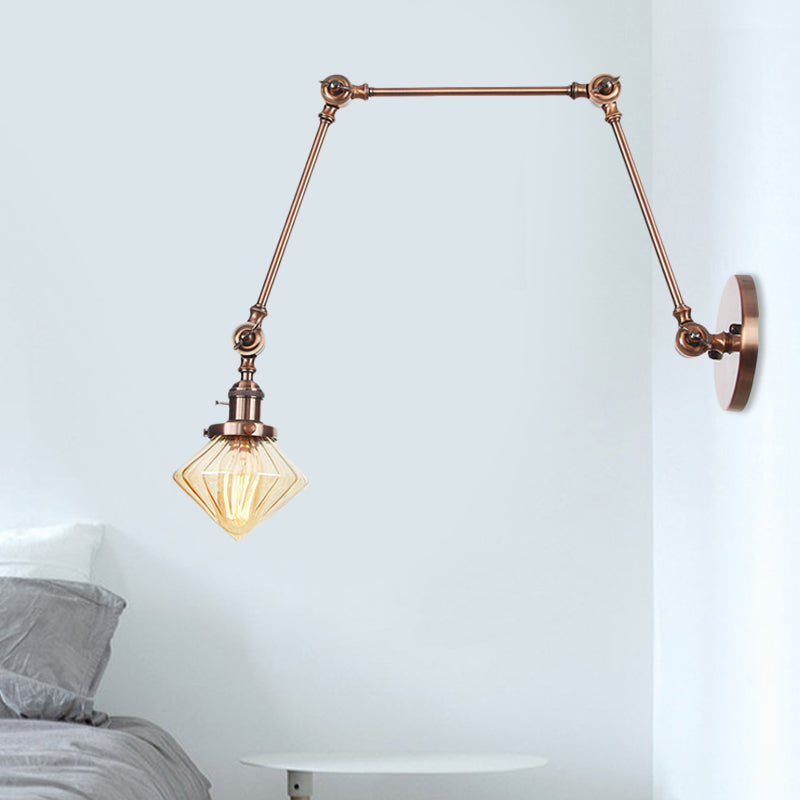 1 Light Dining Room Sconce Light Vintage Black/Bronze/Brass Wall Mounted Lamp with Diamond Clear/Amber Glass Shade, 8"+8"/8"+8"+8" L Adjustable Arm Clearhalo 'Art deco wall lights' 'Cast Iron' 'Glass' 'Industrial wall lights' 'Industrial' 'Middle century wall lights' 'Modern' 'Rustic wall lights' 'Tiffany' 'Traditional wall lights' 'Wall Lamps & Sconces' 'Wall Lights' Lighting' 522350