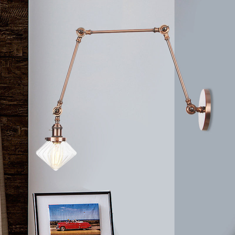 1 Light Dining Room Sconce Light Vintage Black/Bronze/Brass Wall Mounted Lamp with Diamond Clear/Amber Glass Shade, 8"+8"/8"+8"+8" L Adjustable Arm Copper Clear 8"+8"+8" Clearhalo 'Art deco wall lights' 'Cast Iron' 'Glass' 'Industrial wall lights' 'Industrial' 'Middle century wall lights' 'Modern' 'Rustic wall lights' 'Tiffany' 'Traditional wall lights' 'Wall Lamps & Sconces' 'Wall Lights' Lighting' 522351