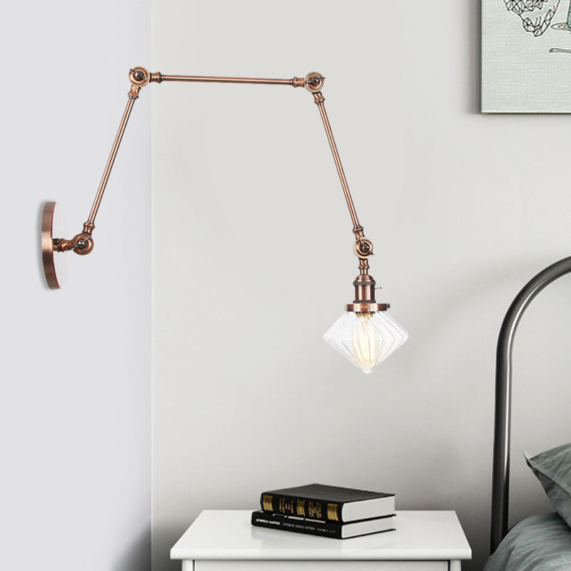 1 Light Dining Room Sconce Light Vintage Black/Bronze/Brass Wall Mounted Lamp with Diamond Clear/Amber Glass Shade, 8"+8"/8"+8"+8" L Adjustable Arm Clearhalo 'Art deco wall lights' 'Cast Iron' 'Glass' 'Industrial wall lights' 'Industrial' 'Middle century wall lights' 'Modern' 'Rustic wall lights' 'Tiffany' 'Traditional wall lights' 'Wall Lamps & Sconces' 'Wall Lights' Lighting' 522352