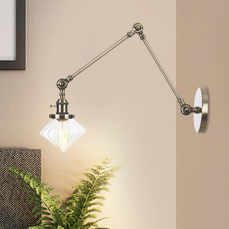 1 Light Dining Room Sconce Light Vintage Black/Bronze/Brass Wall Mounted Lamp with Diamond Clear/Amber Glass Shade, 8"+8"/8"+8"+8" L Adjustable Arm Bronze Clear 8"+8" Clearhalo 'Art deco wall lights' 'Cast Iron' 'Glass' 'Industrial wall lights' 'Industrial' 'Middle century wall lights' 'Modern' 'Rustic wall lights' 'Tiffany' 'Traditional wall lights' 'Wall Lamps & Sconces' 'Wall Lights' Lighting' 522355