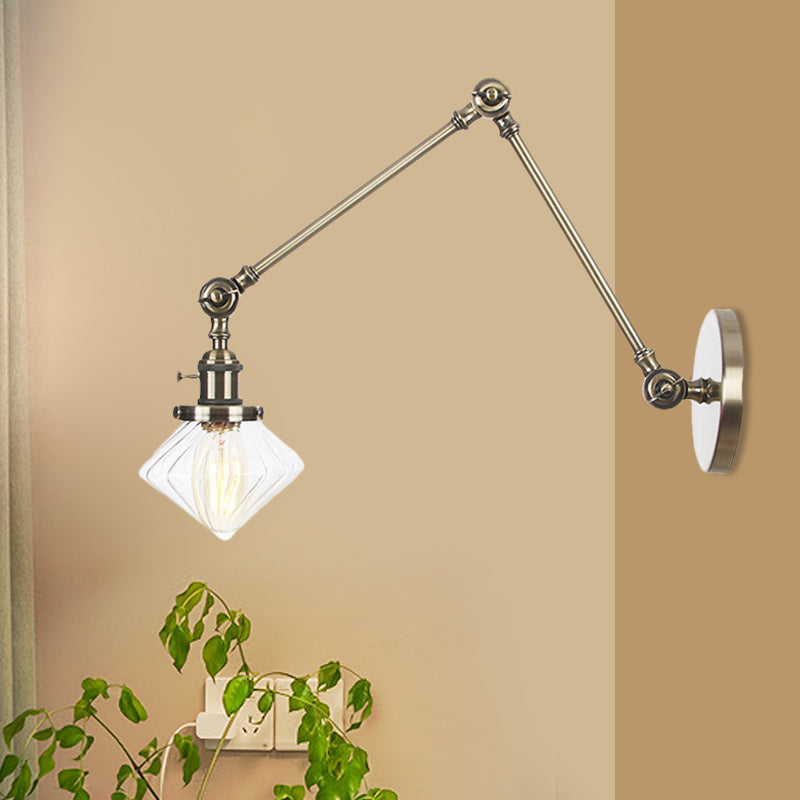 1 Light Dining Room Sconce Light Vintage Black/Bronze/Brass Wall Mounted Lamp with Diamond Clear/Amber Glass Shade, 8"+8"/8"+8"+8" L Adjustable Arm Clearhalo 'Art deco wall lights' 'Cast Iron' 'Glass' 'Industrial wall lights' 'Industrial' 'Middle century wall lights' 'Modern' 'Rustic wall lights' 'Tiffany' 'Traditional wall lights' 'Wall Lamps & Sconces' 'Wall Lights' Lighting' 522356