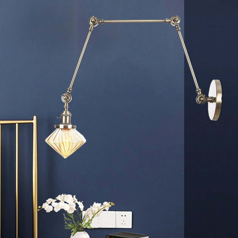 1 Light Dining Room Sconce Light Vintage Black/Bronze/Brass Wall Mounted Lamp with Diamond Clear/Amber Glass Shade, 8"+8"/8"+8"+8" L Adjustable Arm Bronze Amber 8"+8"+8" Clearhalo 'Art deco wall lights' 'Cast Iron' 'Glass' 'Industrial wall lights' 'Industrial' 'Middle century wall lights' 'Modern' 'Rustic wall lights' 'Tiffany' 'Traditional wall lights' 'Wall Lamps & Sconces' 'Wall Lights' Lighting' 522357