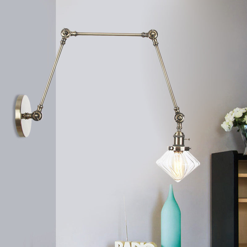 1 Light Dining Room Sconce Light Vintage Black/Bronze/Brass Wall Mounted Lamp with Diamond Clear/Amber Glass Shade, 8"+8"/8"+8"+8" L Adjustable Arm Bronze Clear 8"+8"+8" Clearhalo 'Art deco wall lights' 'Cast Iron' 'Glass' 'Industrial wall lights' 'Industrial' 'Middle century wall lights' 'Modern' 'Rustic wall lights' 'Tiffany' 'Traditional wall lights' 'Wall Lamps & Sconces' 'Wall Lights' Lighting' 522359