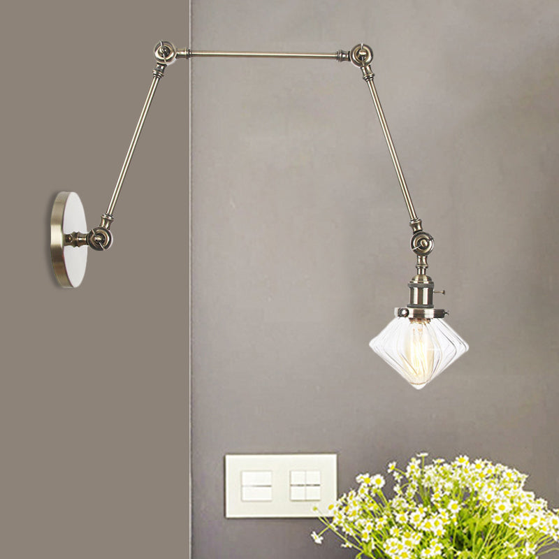 1 Light Dining Room Sconce Light Vintage Black/Bronze/Brass Wall Mounted Lamp with Diamond Clear/Amber Glass Shade, 8"+8"/8"+8"+8" L Adjustable Arm Clearhalo 'Art deco wall lights' 'Cast Iron' 'Glass' 'Industrial wall lights' 'Industrial' 'Middle century wall lights' 'Modern' 'Rustic wall lights' 'Tiffany' 'Traditional wall lights' 'Wall Lamps & Sconces' 'Wall Lights' Lighting' 522360
