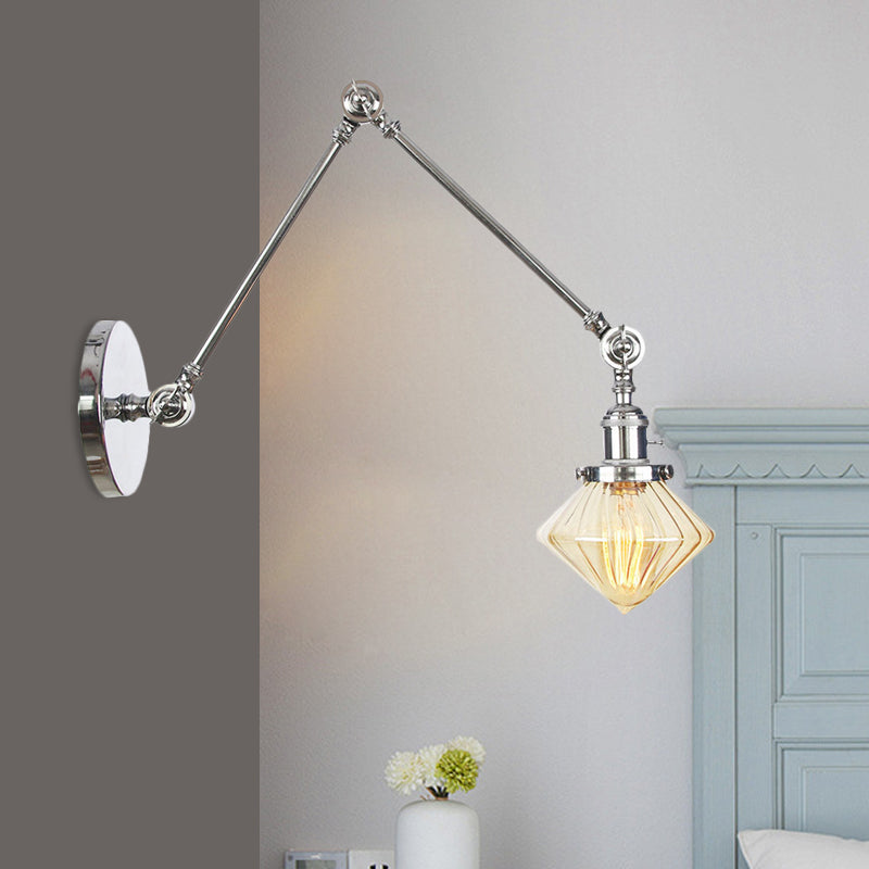 1 Light Dining Room Sconce Light Vintage Black/Bronze/Brass Wall Mounted Lamp with Diamond Clear/Amber Glass Shade, 8"+8"/8"+8"+8" L Adjustable Arm Chrome Amber 8"+8" Clearhalo 'Art deco wall lights' 'Cast Iron' 'Glass' 'Industrial wall lights' 'Industrial' 'Middle century wall lights' 'Modern' 'Rustic wall lights' 'Tiffany' 'Traditional wall lights' 'Wall Lamps & Sconces' 'Wall Lights' Lighting' 522361