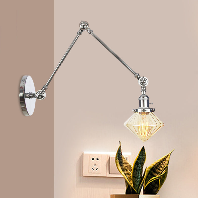 1 Light Dining Room Sconce Light Vintage Black/Bronze/Brass Wall Mounted Lamp with Diamond Clear/Amber Glass Shade, 8"+8"/8"+8"+8" L Adjustable Arm Clearhalo 'Art deco wall lights' 'Cast Iron' 'Glass' 'Industrial wall lights' 'Industrial' 'Middle century wall lights' 'Modern' 'Rustic wall lights' 'Tiffany' 'Traditional wall lights' 'Wall Lamps & Sconces' 'Wall Lights' Lighting' 522362