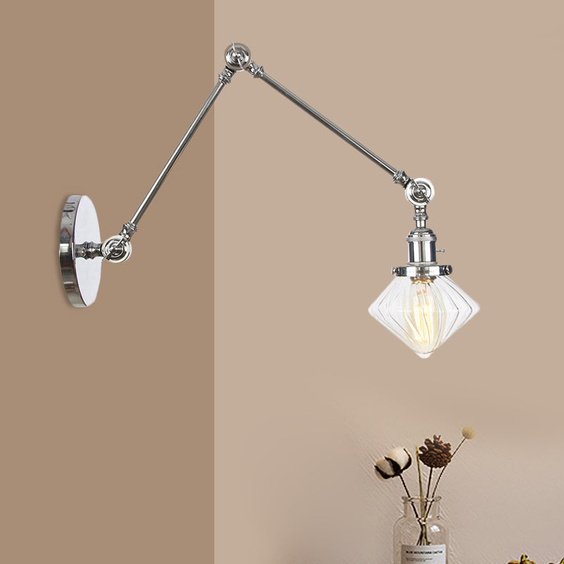 1 Light Dining Room Sconce Light Vintage Black/Bronze/Brass Wall Mounted Lamp with Diamond Clear/Amber Glass Shade, 8"+8"/8"+8"+8" L Adjustable Arm Chrome Clear 8"+8" Clearhalo 'Art deco wall lights' 'Cast Iron' 'Glass' 'Industrial wall lights' 'Industrial' 'Middle century wall lights' 'Modern' 'Rustic wall lights' 'Tiffany' 'Traditional wall lights' 'Wall Lamps & Sconces' 'Wall Lights' Lighting' 522364