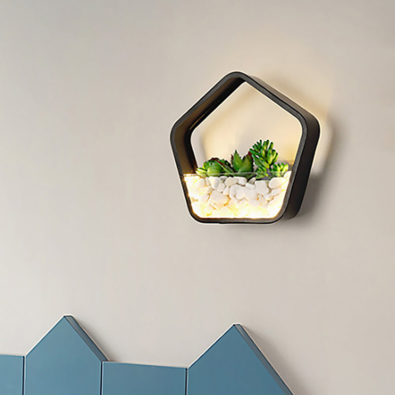 Fake Succulent Plant Wall Light Metal Stone Modern Creative Sconce Light in Black for Bedroom Clearhalo 'Wall Lamps & Sconces' 'Wall Lights' Lighting' 522493