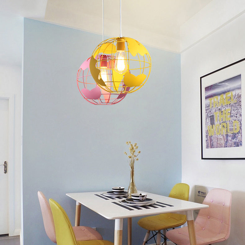 8"/12" Wide Globe Cage Metal Pendant Light Industrial 1 Light Living Room Hanging Lamp in Black/White/Pink Clearhalo 'Art Deco Pendants' 'Black' 'Cast Iron' 'Ceiling Lights' 'Ceramic' 'Crystal' 'Industrial Pendants' 'Industrial' 'Metal' 'Middle Century Pendants' 'Pendant Lights' 'Pendants' 'Rustic Pendants' 'Tiffany' Lighting' 5252