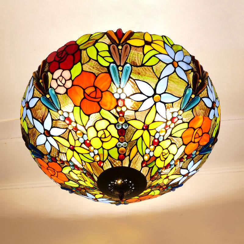 Multi-Colored Pendant Light with Flower/Rose Pattern Tiffany Style Rustic Glass Ceiling Pendant for Dining Room Clearhalo 'Ceiling Lights' 'Chandeliers' 'Industrial' 'Middle Century Chandeliers' 'Pendant Lights' 'Tiffany Chandeliers' 'Tiffany close to ceiling' 'Tiffany' Lighting' 52672