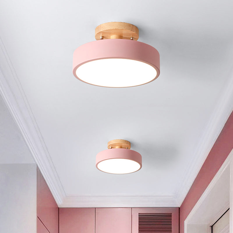 Iron Drum Flushmount Nordic White/Green/Grey Finish LED Semi Close to Ceiling Light with Wood Canopy for Corridor Clearhalo 'Ceiling Lights' 'Close To Ceiling Lights' 'Close to ceiling' 'Semi-flushmount' Lighting' 536925