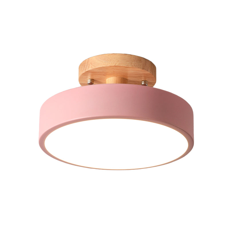 Iron Drum Flushmount Nordic White/Green/Grey Finish LED Semi Close to Ceiling Light with Wood Canopy for Corridor Clearhalo 'Ceiling Lights' 'Close To Ceiling Lights' 'Close to ceiling' 'Semi-flushmount' Lighting' 536926