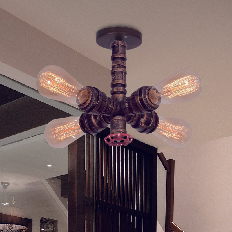 Copper 4 Lights Flushmount Lighting Vintage Metal Sputnik Pipe Semi Flush Lamp Fixture with Valve Deco Clearhalo 'Ceiling Lights' 'Close To Ceiling Lights' 'Close to ceiling' 'Semi-flushmount' Lighting' 537045