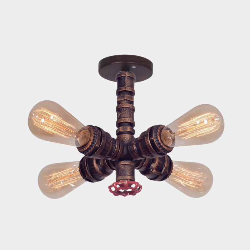 Copper 4 Lights Flushmount Lighting Vintage Metal Sputnik Pipe Semi Flush Lamp Fixture with Valve Deco Clearhalo 'Ceiling Lights' 'Close To Ceiling Lights' 'Close to ceiling' 'Semi-flushmount' Lighting' 537047