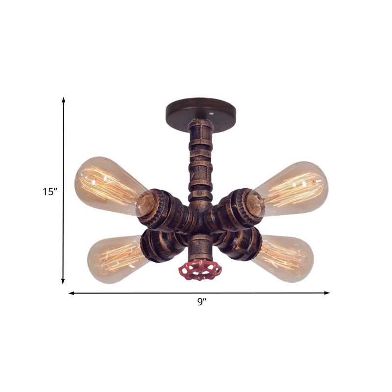 Copper 4 Lights Flushmount Lighting Vintage Metal Sputnik Pipe Semi Flush Lamp Fixture with Valve Deco Clearhalo 'Ceiling Lights' 'Close To Ceiling Lights' 'Close to ceiling' 'Semi-flushmount' Lighting' 537048