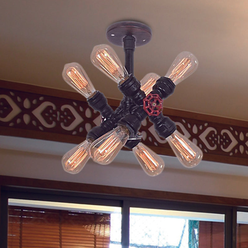 8-Bulb Iron Semi Flush Mount Light Vintage Black Crossing Pipe Bedroom Flush Ceiling Light with Valve Deco Clearhalo 'Ceiling Lights' 'Close To Ceiling Lights' 'Close to ceiling' 'Semi-flushmount' Lighting' 537050