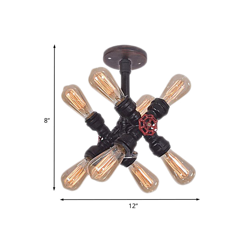 8-Bulb Iron Semi Flush Mount Light Vintage Black Crossing Pipe Bedroom Flush Ceiling Light with Valve Deco Clearhalo 'Ceiling Lights' 'Close To Ceiling Lights' 'Close to ceiling' 'Semi-flushmount' Lighting' 537053