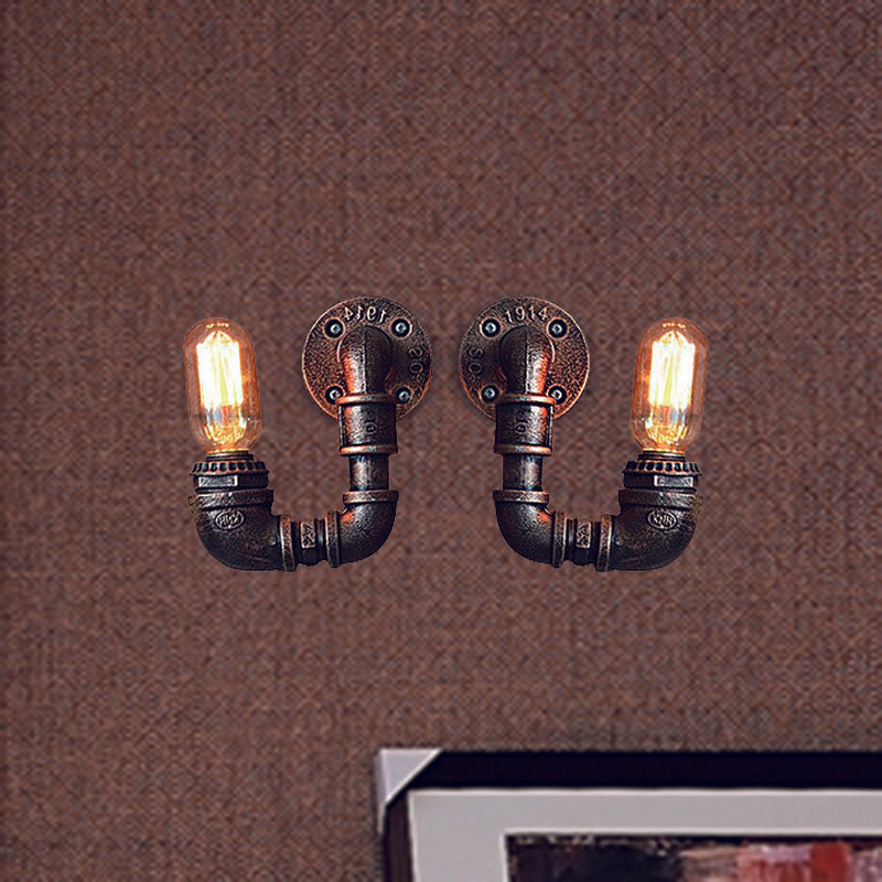 2-Light Double Curved Arm Sconce Antiqued Black/Rust/Gold Finish Metallic Wall Lamp for Restaurant Clearhalo 'Art deco wall lights' 'Cast Iron' 'Glass' 'Industrial wall lights' 'Industrial' 'Middle century wall lights' 'Modern' 'Rustic wall lights' 'Tiffany' 'Traditional wall lights' 'Wall Lamps & Sconces' 'Wall Lights' Lighting' 537075