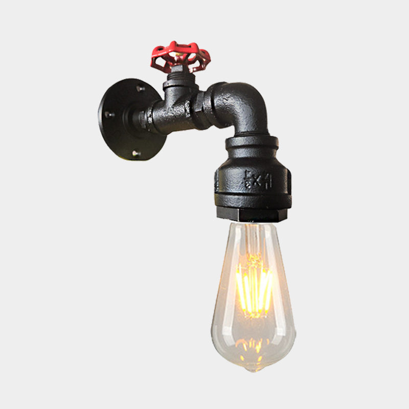 Water Pipe Balcony Sconce Lamp Fixture Industrial Iron 1-Light Silver/Black/Rust Wall Mount Lamp with Red Valve Deco Clearhalo 'Art deco wall lights' 'Cast Iron' 'Glass' 'Industrial wall lights' 'Industrial' 'Middle century wall lights' 'Modern' 'Rustic wall lights' 'Tiffany' 'Traditional wall lights' 'Wall Lamps & Sconces' 'Wall Lights' Lighting' 537106