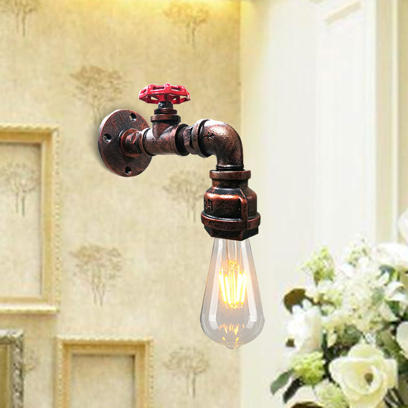 Water Pipe Balcony Sconce Lamp Fixture Industrial Iron 1-Light Silver/Black/Rust Wall Mount Lamp with Red Valve Deco Clearhalo 'Art deco wall lights' 'Cast Iron' 'Glass' 'Industrial wall lights' 'Industrial' 'Middle century wall lights' 'Modern' 'Rustic wall lights' 'Tiffany' 'Traditional wall lights' 'Wall Lamps & Sconces' 'Wall Lights' Lighting' 537109