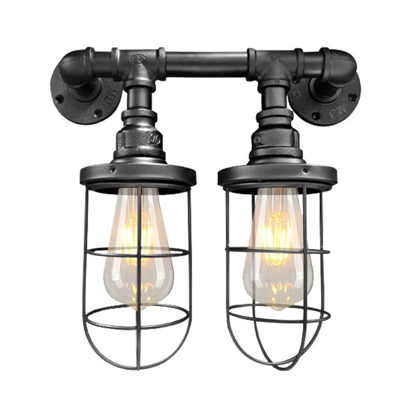 Wire Cage Iron Sconce Light Fixture Farmhouse 2 Bulbs Coffee Shop Wall Mount Pipe Lamp in Black/Brass Clearhalo 'Art deco wall lights' 'Cast Iron' 'Glass' 'Industrial wall lights' 'Industrial' 'Middle century wall lights' 'Modern' 'Rustic wall lights' 'Tiffany' 'Traditional wall lights' 'Wall Lamps & Sconces' 'Wall Lights' Lighting' 537183
