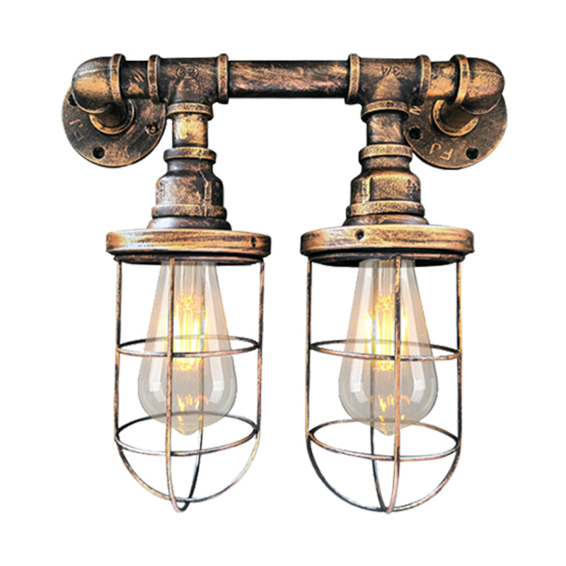 Wire Cage Iron Sconce Light Fixture Farmhouse 2 Bulbs Coffee Shop Wall Mount Pipe Lamp in Black/Brass Clearhalo 'Art deco wall lights' 'Cast Iron' 'Glass' 'Industrial wall lights' 'Industrial' 'Middle century wall lights' 'Modern' 'Rustic wall lights' 'Tiffany' 'Traditional wall lights' 'Wall Lamps & Sconces' 'Wall Lights' Lighting' 537188