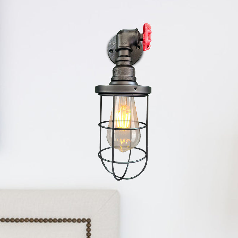 1-Light Wall Sconce Industrial Corridor Wall Lamp Fixture with Cage Metallic Shade in Black/Rust Clearhalo 'Art deco wall lights' 'Cast Iron' 'Glass' 'Industrial wall lights' 'Industrial' 'Middle century wall lights' 'Modern' 'Rustic wall lights' 'Tiffany' 'Traditional wall lights' 'Wall Lamps & Sconces' 'Wall Lights' Lighting' 537190